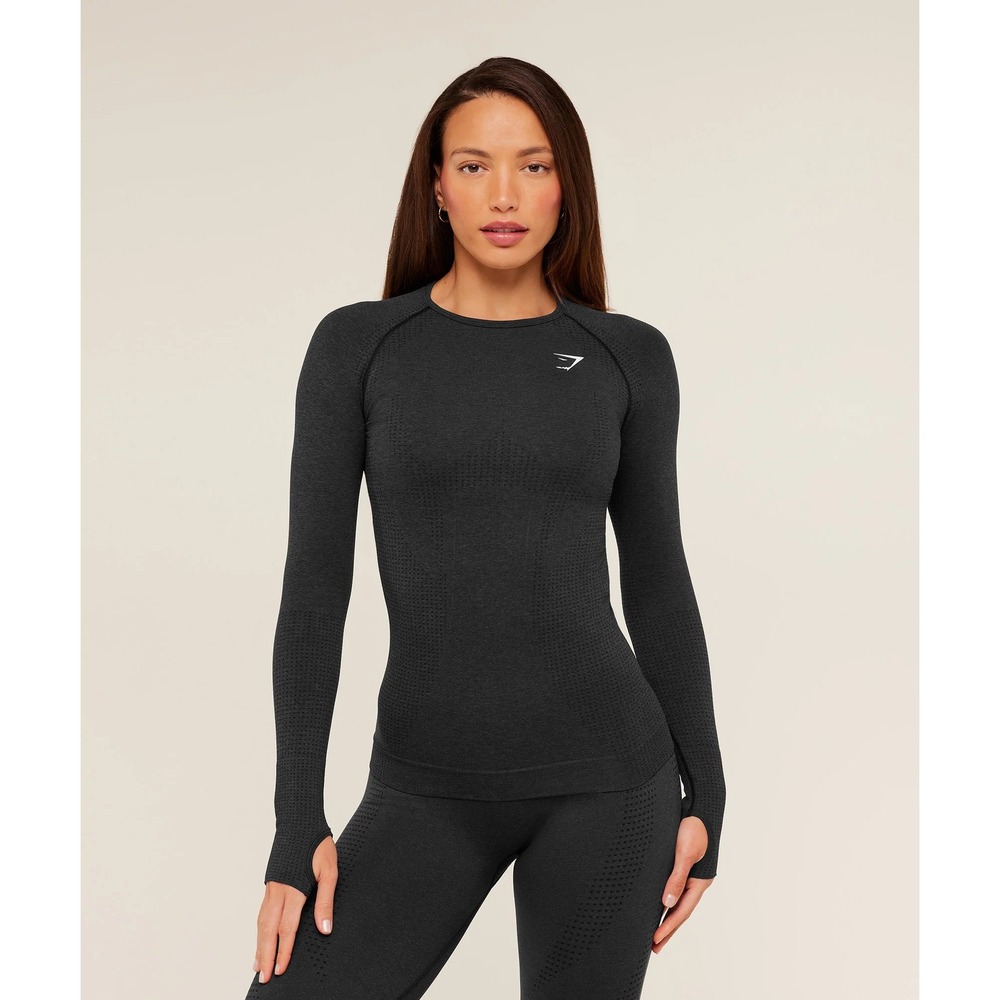 Gymshark Vital Seamless‎ Long Sleeve Top Black Marl Women's Size M Activewear